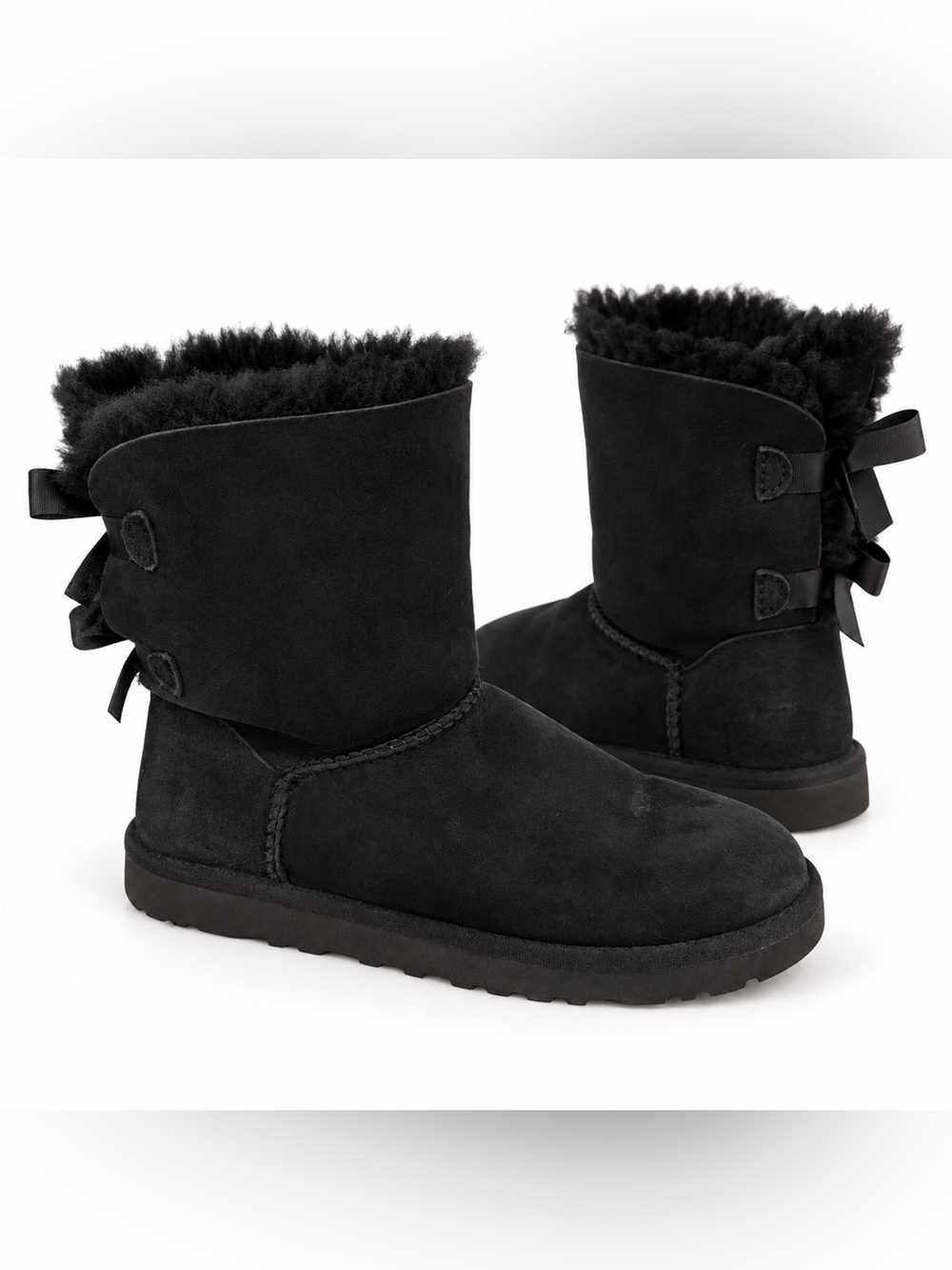 UGG Bailey Bow II Black Sheepskin Boots Womens Size 8 Suede Winter 1002954